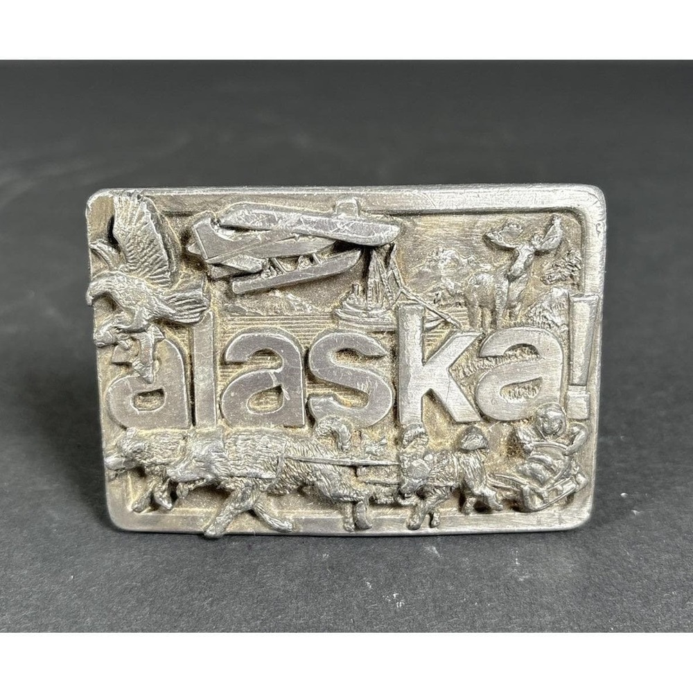 Vintage Alaska Pewter Belt Buckle 1984 Wildlife Eagle Moose Fox Airplane